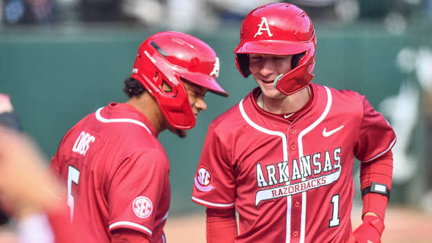 Razorbacks Kendal Diggs and Ty Wilmsmeyer against James Madison